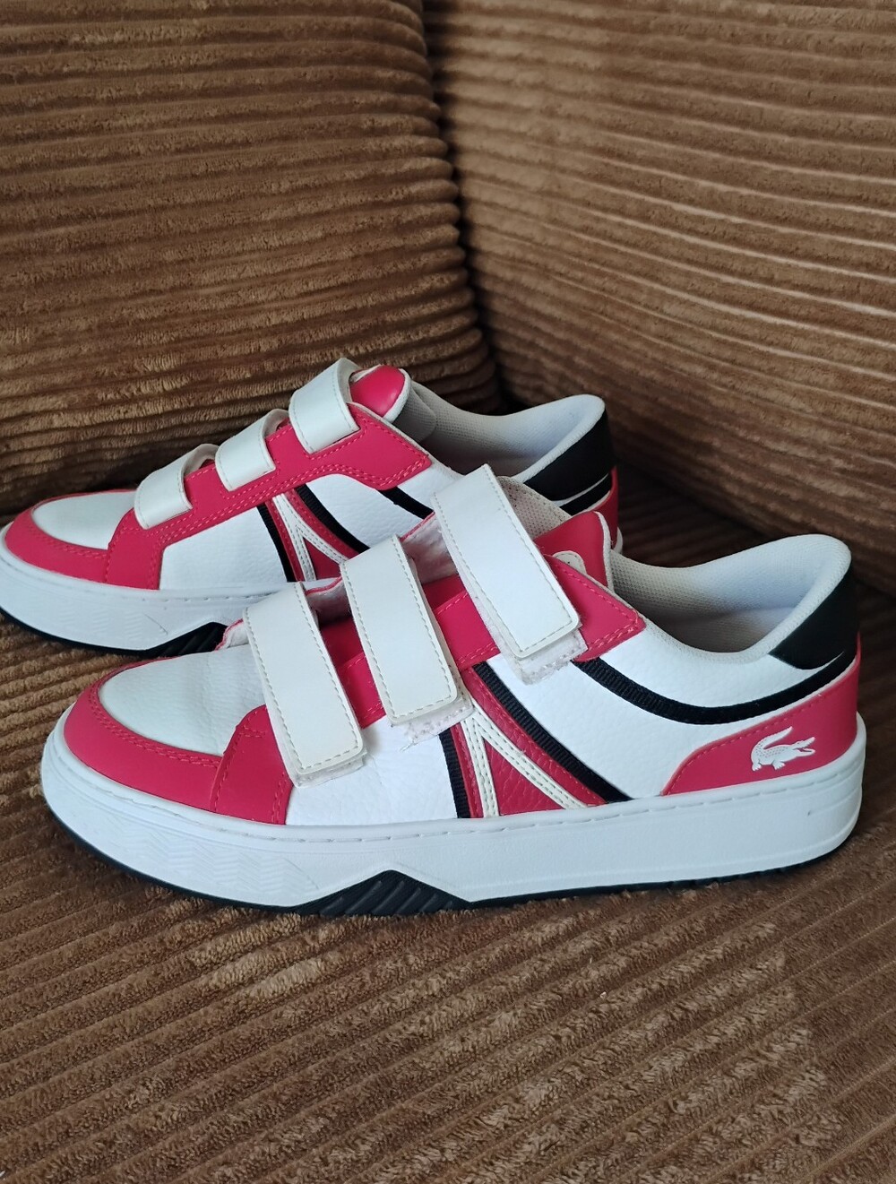 Lacoste Kids White and Red Athletic Sneakers with Hook-and-Loop Size 6
